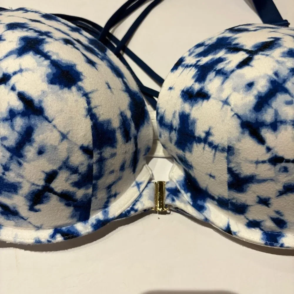 Cacique Plunge Push Up Women's Blue Tie-Dye Bra Front Clasp Size 44C UW Padded